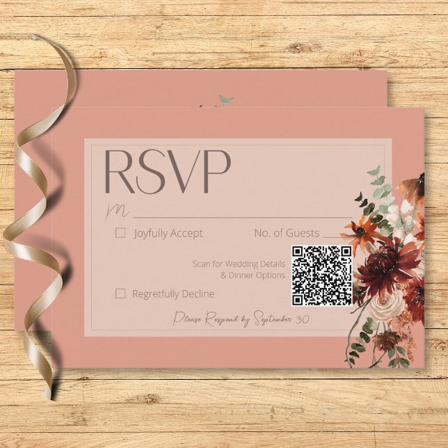 Cartão RSVP Boho Rust & Neutral Fall Floral Peach Casamento de (Boho Rust & Neutral Fall Floral Peach Rust Wedding RSVP Card)