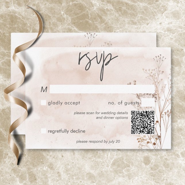 Cartão RSVP Boho Rustic Pampas e Buquê de Grama Seco Código QR (Boho Rustic Pampas & Dried Grass Bouquet QR Code RSVP Card)