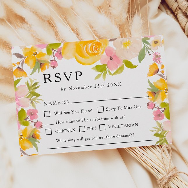 Cartão RSVP Boho rústico amarelado flores silvestres quic Wedi (Boho rustic yellow wild flowers chic Wedding RSVP)