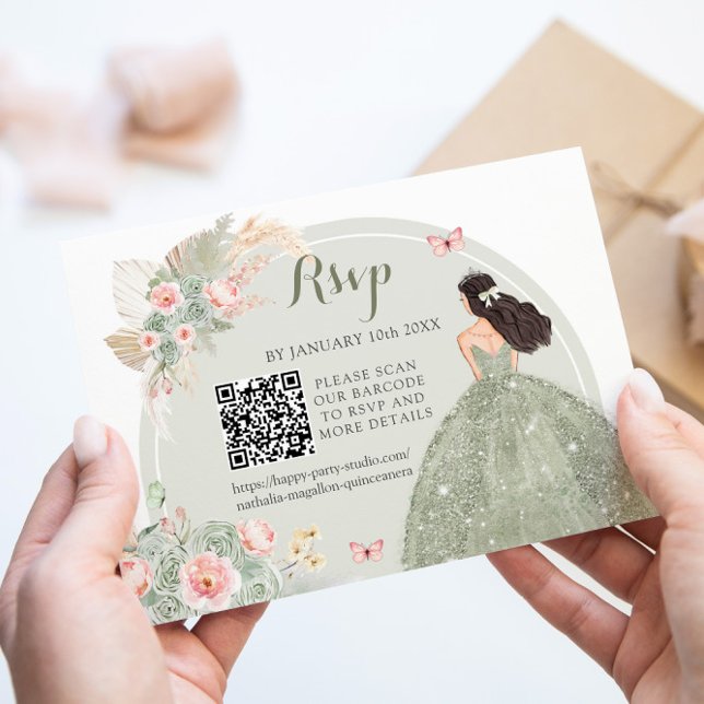Cartão RSVP Boho Sage Green Blush Rosa Royal Quinceañera QR (Criador carregado)