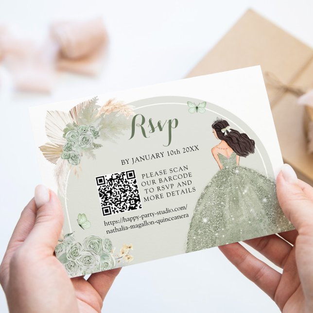 Cartão RSVP Boho Sage Green Floral Quinceañera QR (Criador carregado)