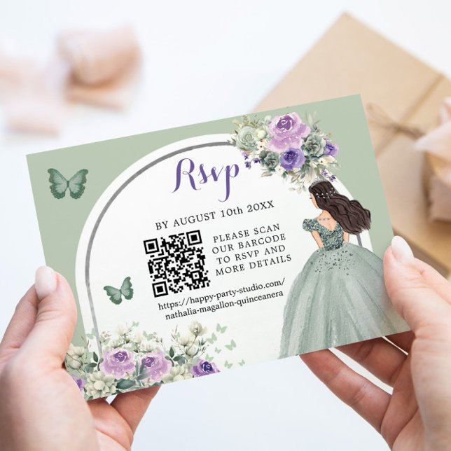 Cartão RSVP Boho Sage Green Lilac Princess Girl 15 Años QR (Criador carregado)