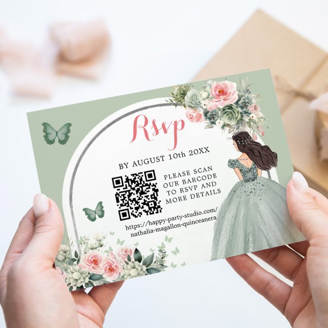 Cartão RSVP Boho Sage Green Princess Girl 15 Años QR (Criador carregado)