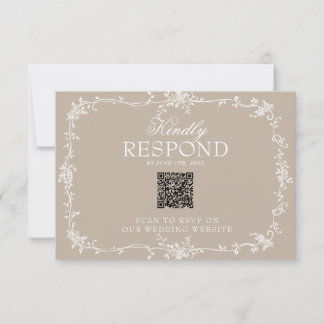 Cartão RSVP Boho Soft Taupe Floral Código QR Botânico Casament