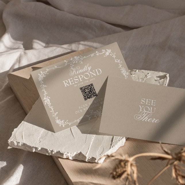 Cartão RSVP Boho Soft Taupe Floral Código QR Botânico Casament (Criador carregado)