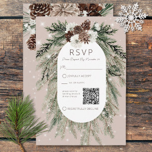 Cartão RSVP Boho Tan Pine Winter Sparkle Código QR