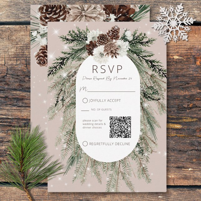 Cartão RSVP Boho Tan Pine Winter Sparkle Código QR (Boho Tan Pine Winter Sparkle QR Code RSVP Card)
