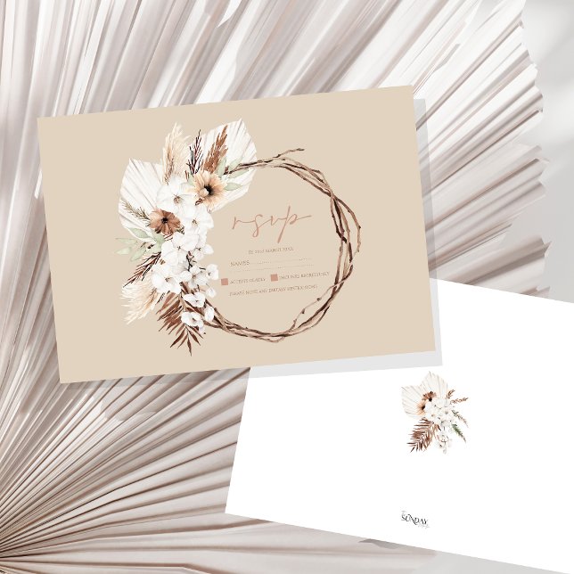 Cartão RSVP Boho Terracotta Beige, Seco, Casamento Floral (Boho Terracotta Beige Dried Floral Wreath Wedding RSVP Card)