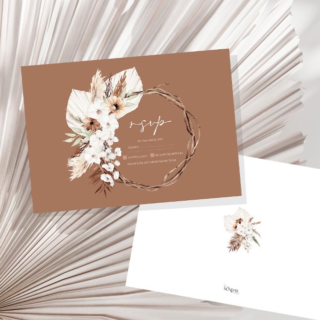Cartão RSVP Boho Terracotta Brown Casamento Floral Seco (Boho Terracotta Brown Dried Floral Wreath Wedding RSVP Card)