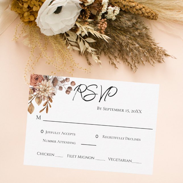 Cartão RSVP Boho Terracotta Brown Floral Entree Casamento (Criador carregado)