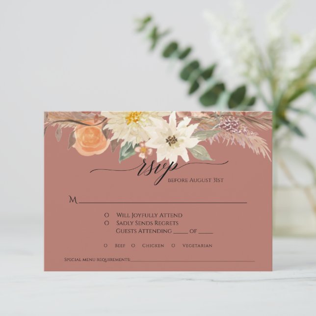 Cartão RSVP BoHO Terracotta Fall Floral Pampas Grass Casamento (Em pé/Frente)