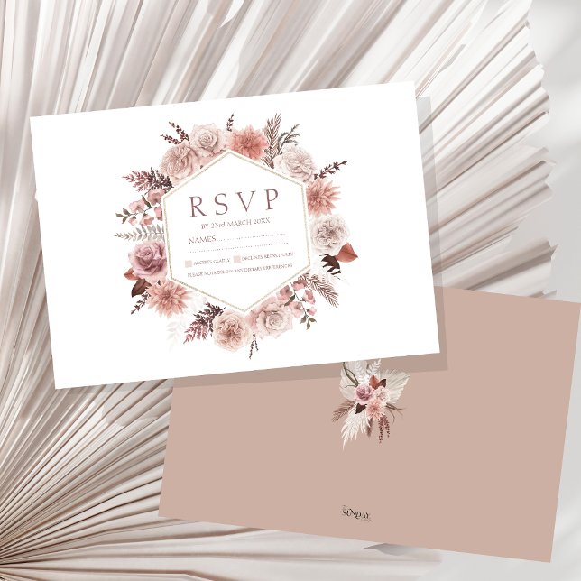 Cartão RSVP Boho Terracotta Neutral Floral Wreath Casamento (Boho Dusty Pink Dried Flowers Wreath Wedding RSVP Card)