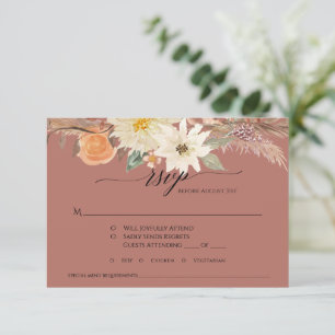 Cartão RSVP BOHO Terracotta Outono Floral Grama Pampas Casamen