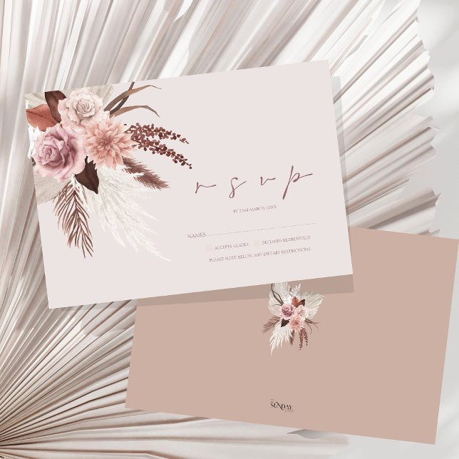 Cartão RSVP Boho Terracotta Pampas Casamento Floral (Boho Dusty Pink Dried Flowers Pampas Grass Wedding RSVP Card)