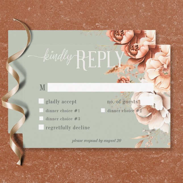 Cartão RSVP Boho Terracotta Peach & Cream Janto Floral Verde (Boho Terracotta Peach Cream Floral Green Dinner RSVP Card)