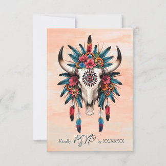Cartão RSVP Boho Tribal Aguarela Floral Crânio de Vaca Casamen