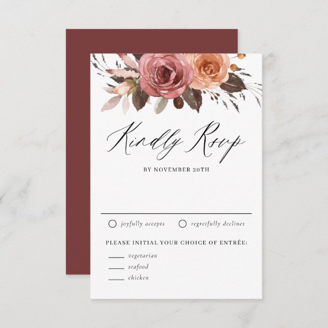 Cartão RSVP Boho Watercolor Fall Flowers Casamento (Frente/Verso)