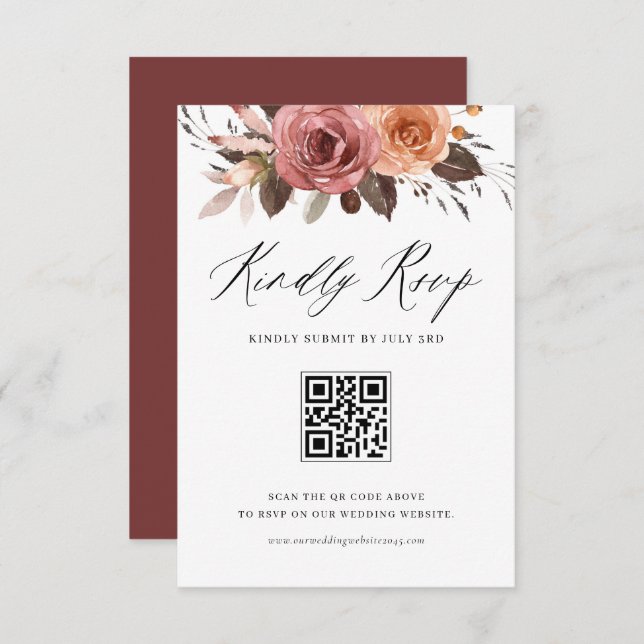 Cartão RSVP Boho Watercolor Flowers Casamento Código QR (Frente/Verso)
