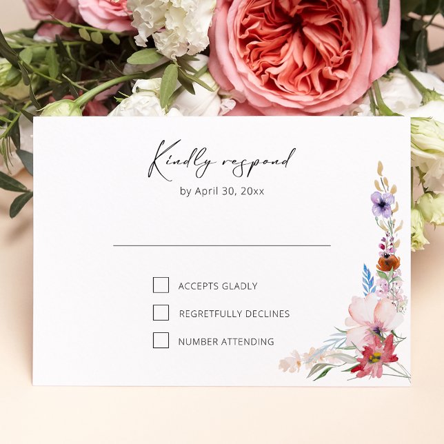Cartão RSVP Boho Watercolor Wildflower Calligraphy Wedding (Criador carregado)