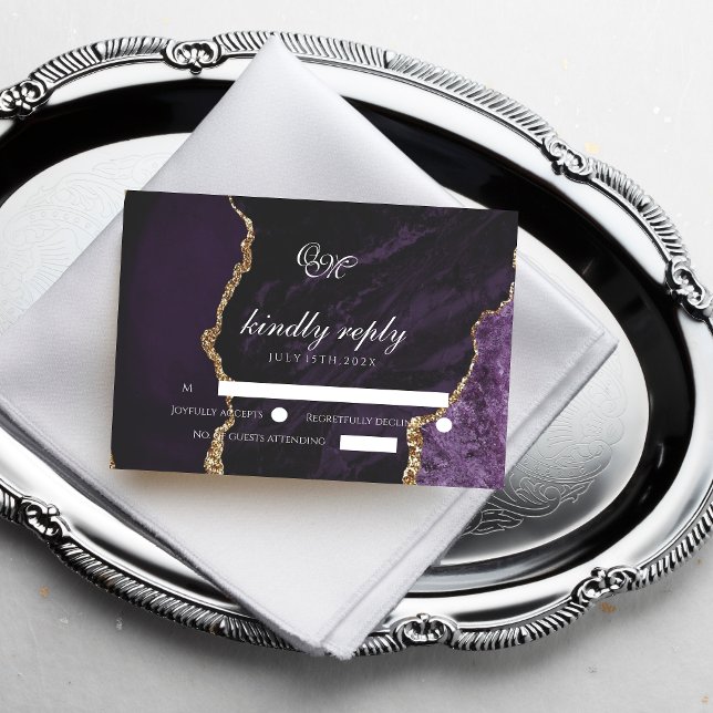 Cartão RSVP Boho Weding Agate Roxo e Dourado (Criador carregado)