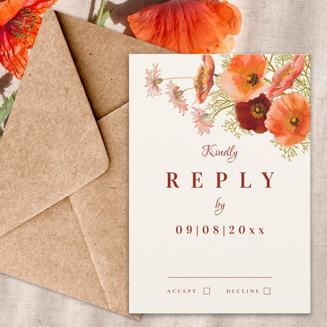 Cartão RSVP Boho Wildflower Casamento outono Reply (Modern wildflower boho fall wedding invitation reply with watercolor orange florals a elegant script)