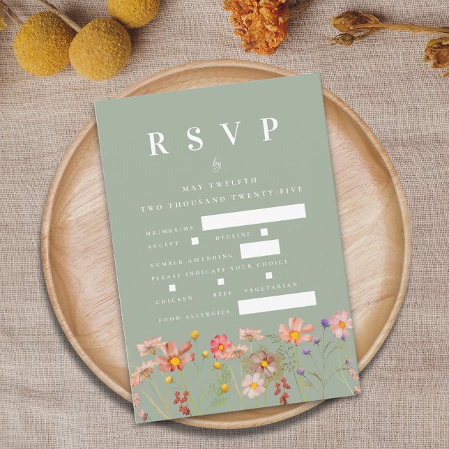 Cartão RSVP Boho Wildflower Farinha Opções de refeição floral  (Boho wildflower floral sage green wedding rsvp including card Meal choices food allergies)