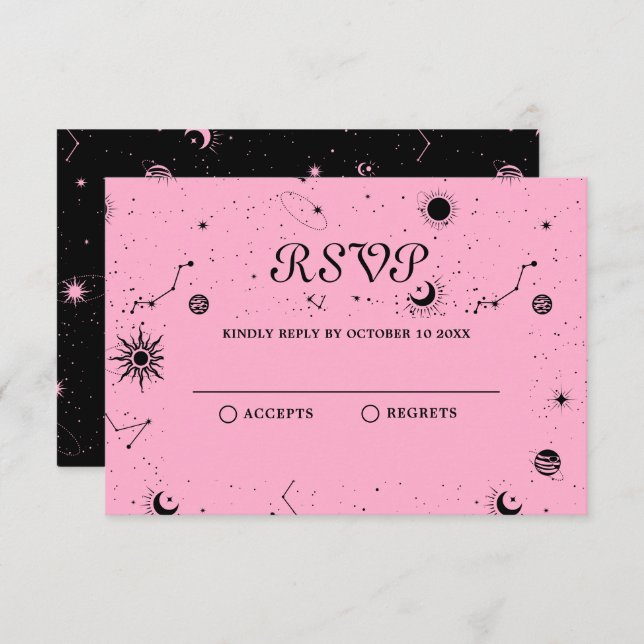 Cartão RSVP Bola de cristal de lua rosa negra (Frente/Verso)