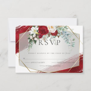 Cartão RSVP Bold Crimson Ivory Peony Floral Foil Strokes