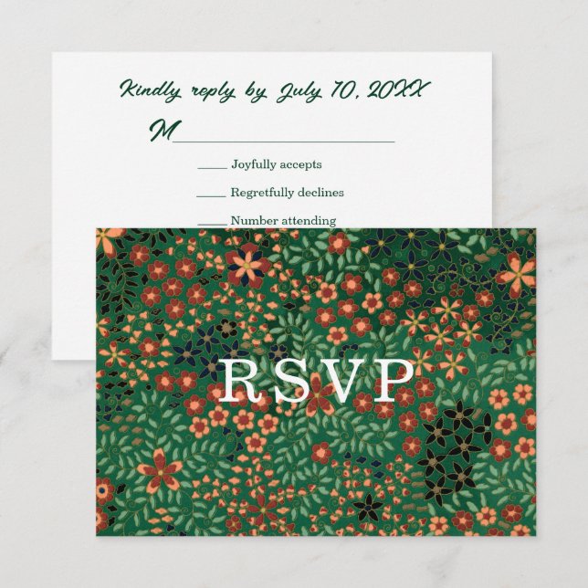 Cartão RSVP Bold Dark Green Red Floral Textile Wedding Meal (Frente/Verso)