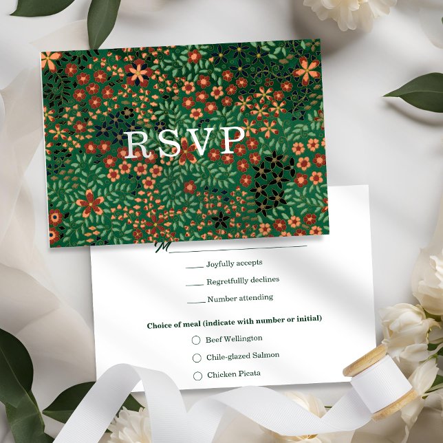 Cartão RSVP Bold Dark Green Red Floral Textile Wedding Meal (Criador carregado)