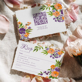 Cartão RSVP Bold Orange and Purple Floral QR Code Wedding
