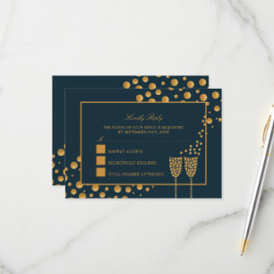 Cartão RSVP Bolhas de Champanhe Douradas - Azul e Dourado - Ca
