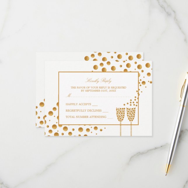 Cartão RSVP Bolhas de Champanhe Dourado Casamento (Frente/Verso In Situ)