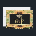 Cartão RSVP Boné de Formando Dourada, Festa de formatura de Gi<br><div class="desc">Dourado boné de formatura brilhante,  girassóis e confete sobre fundo preto.</div>