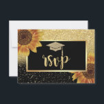 Cartão RSVP Boné de Formando Dourado brilhante, Festa de forma<br><div class="desc">Dourado boné de formatura brilhante,  girassóis e confete sobre fundo preto.</div>