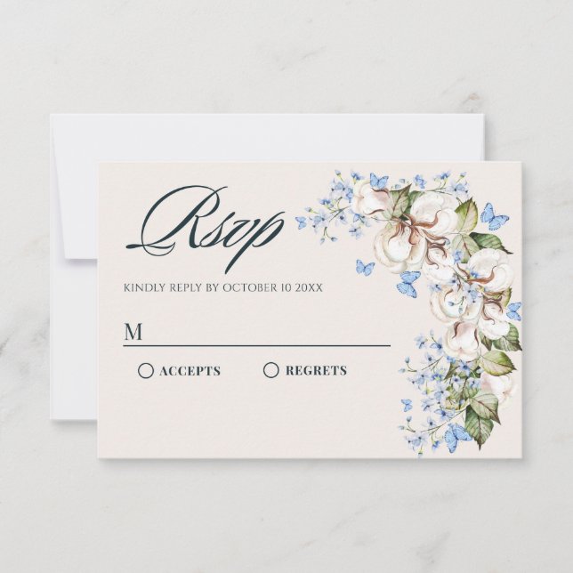 Cartão RSVP Borboleta azul floral (Frente)