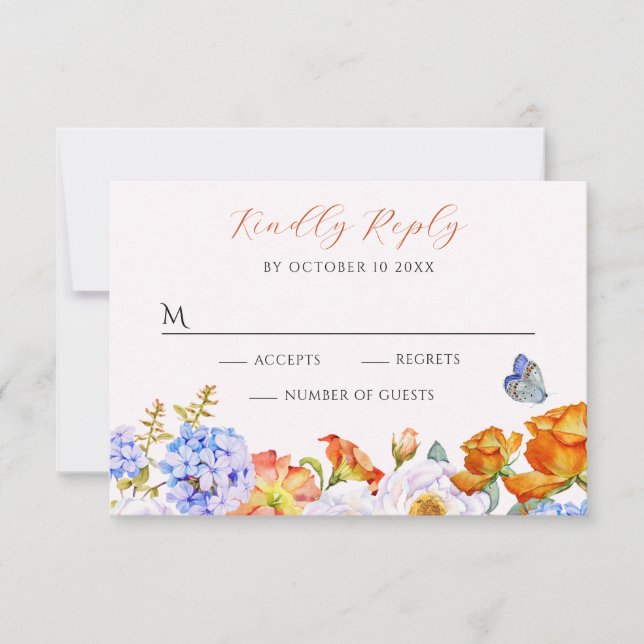 Cartão RSVP Borboleta de primavera de flores (Frente)