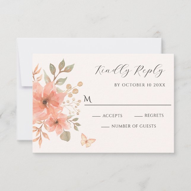Cartão RSVP Borboleta floral de pêssego rosa (Frente)