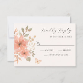 Cartão RSVP Borboleta floral de pêssego rosa