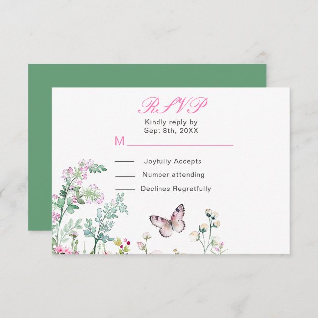 Cartão RSVP Borboleta Floral Verde Primavera Casamento (Frente/Verso)