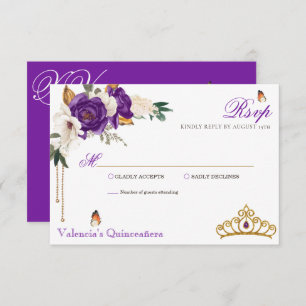 Cartão RSVP Borboleta Rosa Roxo Real Dourada Tiara Quinceanera