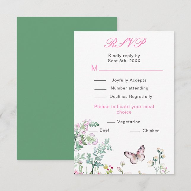 Cartão RSVP Borboleta Verde Floral Casamento Primavera (Frente/Verso)