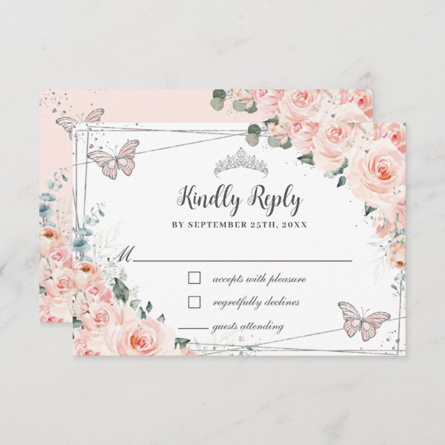 Cartão RSVP Borboletas de prata floral quinceaÑERA (Frente/Verso)