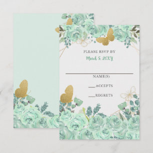 Cartão RSVP Borboletas Florais Elegantes Dourado Hortelã 