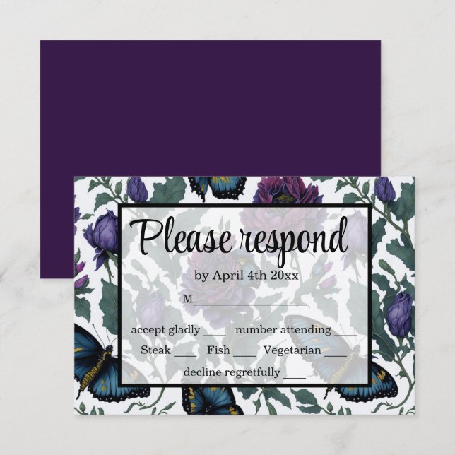 Cartão RSVP Borboletas florais magenta púrpura de ameixa de vi (Frente/Verso)