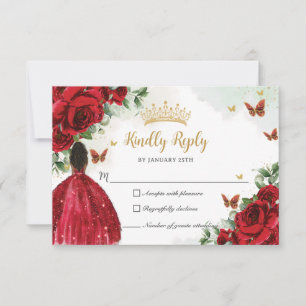 Cartão RSVP Borboletas Florais Vermelhas Princesa Vestida Quin