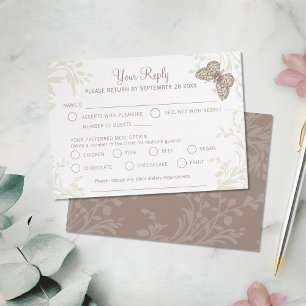 Cartão RSVP Borboletas tatuadas redemoinho floral creme castan