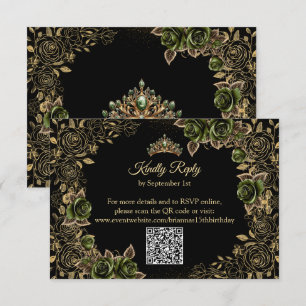 Cartão RSVP Borboletas Tiara Dourada Verde Esmeralda Quinceañe