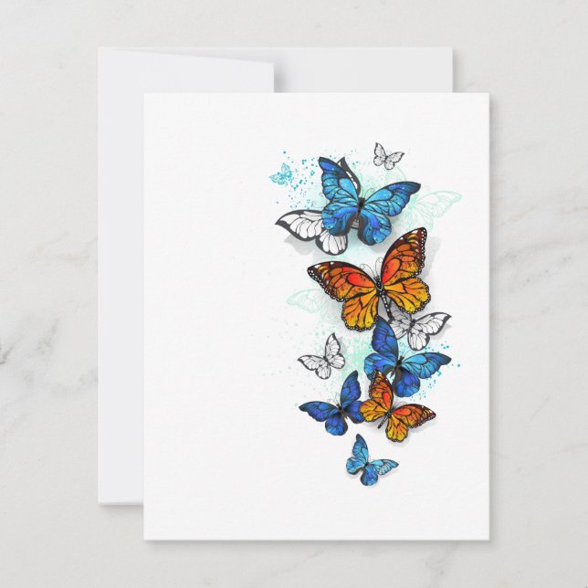 Cartão RSVP Borboletas voadoras Morpho e Monarca (Frente)