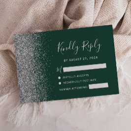 Cartão RSVP Borda de Brilho Falso Prata Verde Esmeralda